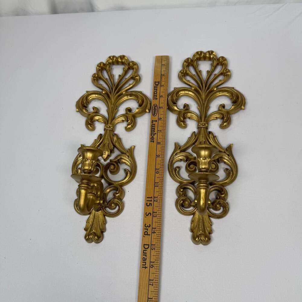 Vintage Burwood Hollywood Regency Gold Wall Sconce Candle Holders Set of 2 - Picture 7 of 8